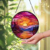 Sunset Mountain Lake Glass Suncatcher: Vibrant Landscape Window Art